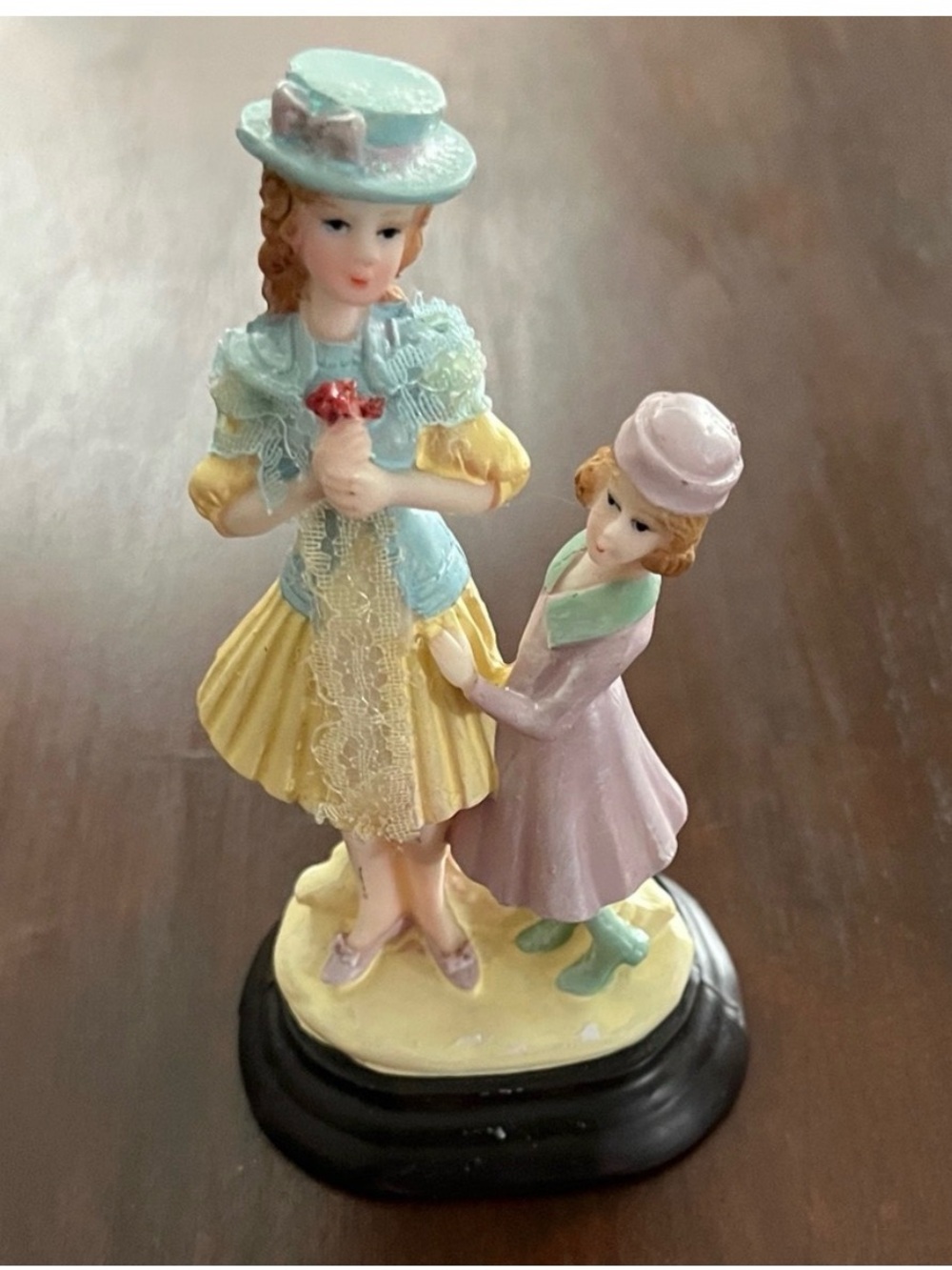 Vintage-Style Pastel Girl Figurine Pair – Mint, Yellow & Lavender. 6 inches tall